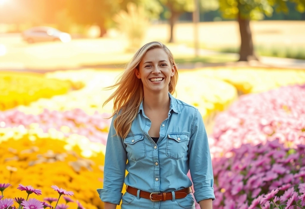 Donna sorridente che cammina in un campo fiorito, esprimendo felicità e benessere dopo un percorso di vitalità naturale