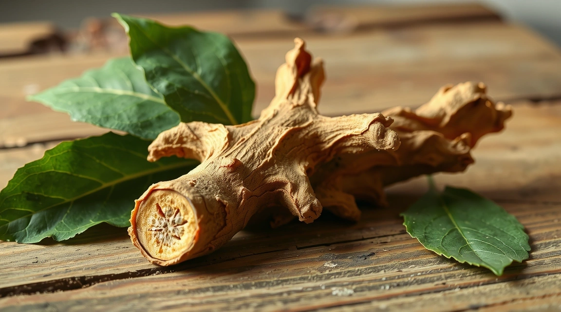 Radice di Ashwagandha essiccata con foglie, su uno sfondo rustico