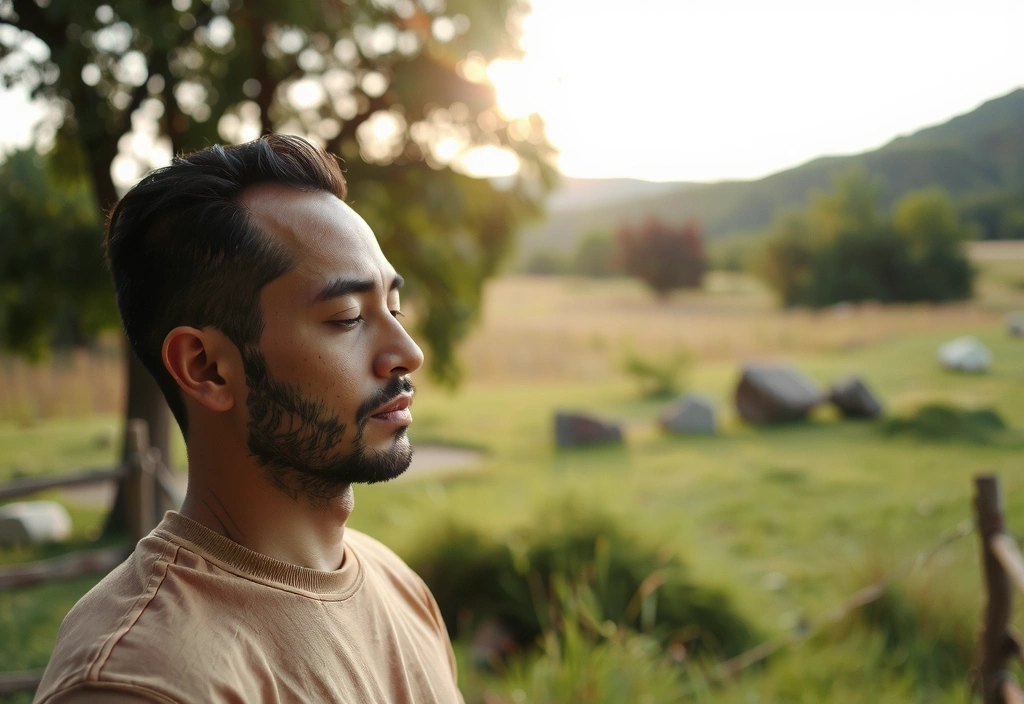 Uomo concentrato che medita in un ambiente naturale, simboleggiando la gestione dello stress e la pace interiore