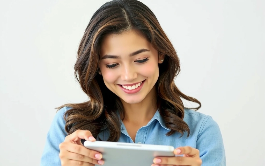 Donna che naviga sul tablet con un sorriso, simbolo di soddisfazione del cliente